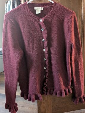 Burgundy Ruffle-Edge Button Cardigan Size Small